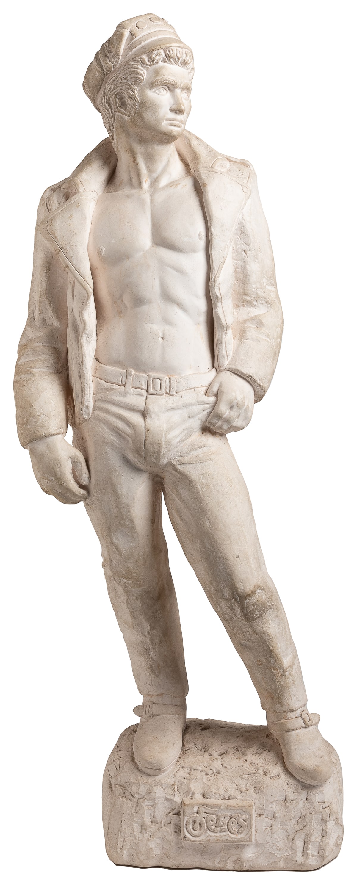 Caffee, Mike. Leather David. [San Francisco, ca. 1966]. Caf...: Caffee, Mike. Leather David. [San Francisco, ca. 1966]. Caffee’s iconic plaster statue of David with a bare chest in leather motorcycle jacket, hat, pants and boots. “Fe-Be’s”