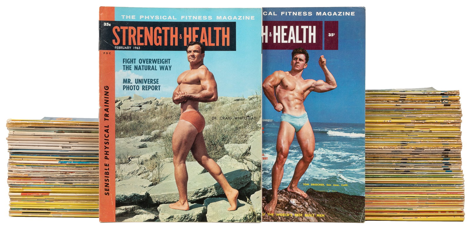 Group of Nearly 70 Issues of “Strength & Health” Bodybuildi...: Group of Nearly 70 Issues of “Strength & Health” Bodybuilding Magazine. [Ca. 1950s-60s]. 4tos. Profusely illustrated in black and white. The usual wear, soiling, scuffing, some tears at sp