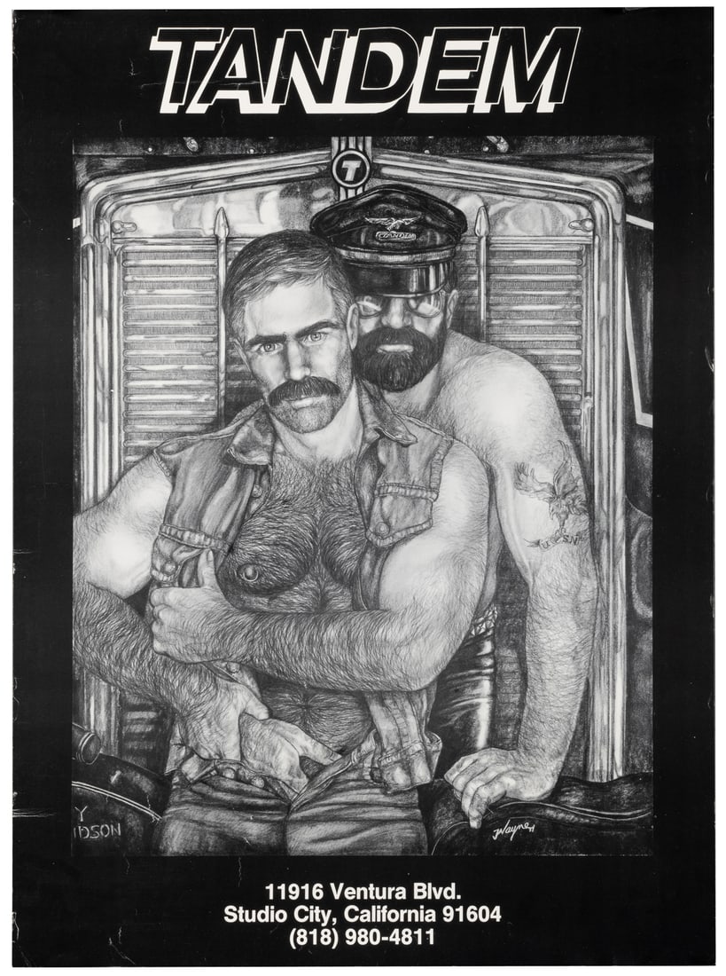 Tandem. [N.p., 1984]. Offset lithograph poster with erotic ...: Tandem. [N.p., 1984]. Offset lithograph poster with erotic imagery advertising the gay bar in Studio City, CA. Artwork by Wayne. 23 ½ x 17”. Unbacked, flat. Scattered surface creasing, hand