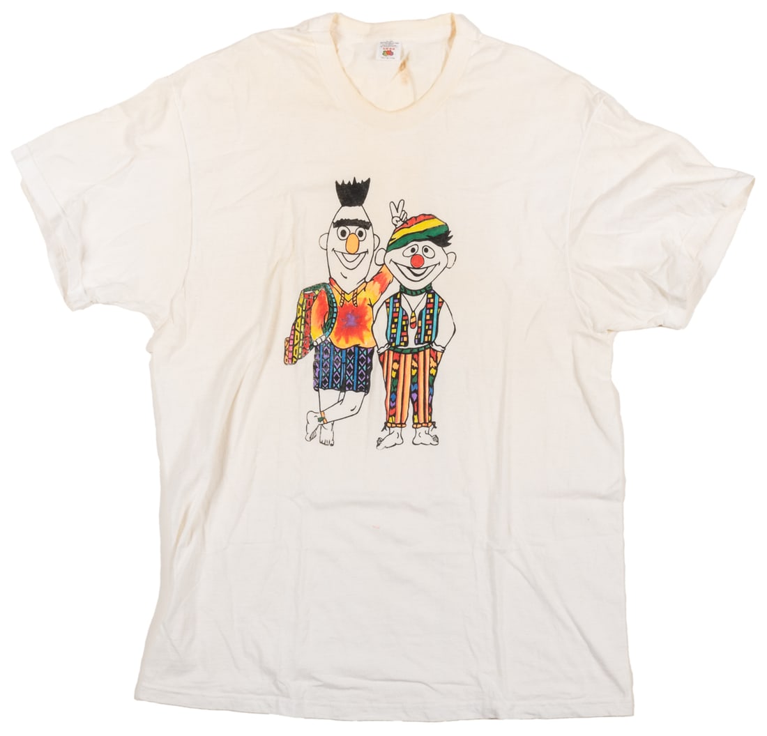 [VINTAGE T-SHIRTS]. Bert & Ernie Hippie Shirt. Fruit of the...: [VINTAGE T-SHIRTS]. Bert & Ernie Hippie Shirt. Fruit of the Loom, 80s/90s. 100% cotton Size XL shirt with parody graphic of Sesame Street’s Bert and Ernie dressed as stereotypical “hippies