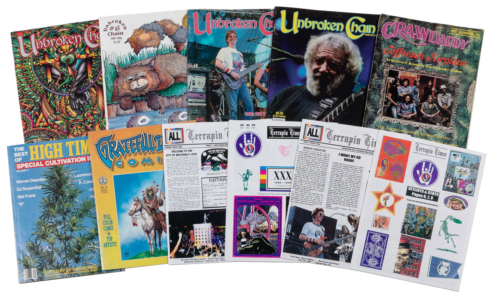 [GRATEFUL DEAD]. Group of Periodicals. 1980s-early 2000s. G...: [GRATEFUL DEAD]. Group of Periodicals. 1980s-early 2000s. Group of Grateful Dead related periodicals including: four issues of Unbroken Chain magazine 1994-96, with 1995 “Remembering Jerry,̶