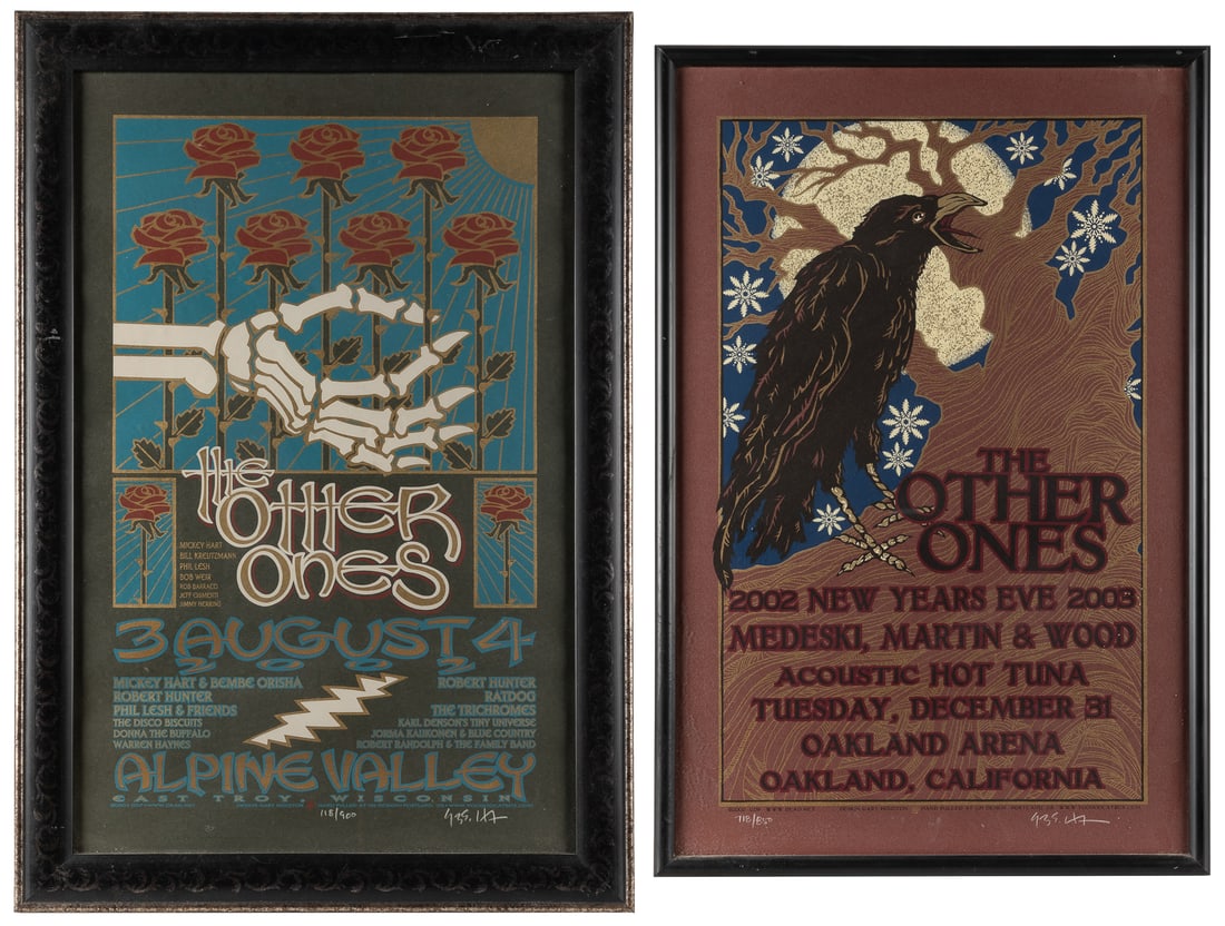 HOUSTON, Gary. Two Posters / The Other Ones. Grateful Dead ...: HOUSTON, Gary. Two Posters / The Other Ones. Grateful Dead Productions, 2002-2003. Pair of hand-pulled silkscreen posters for The Other Ones rock band. Including: “Alpine Valley,” with a s