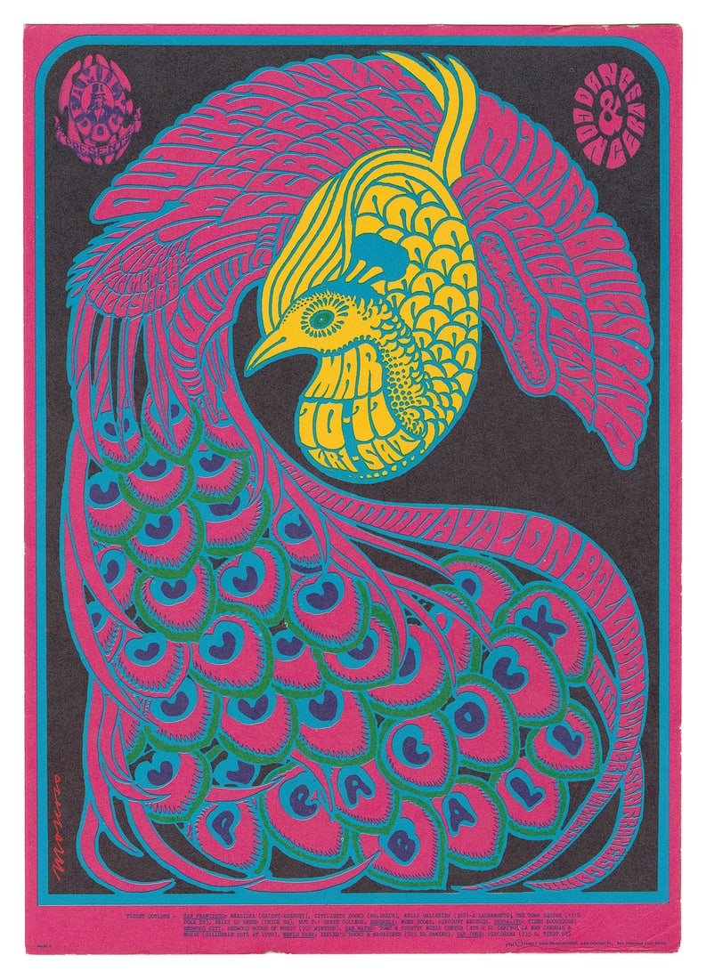 MOSCOSO, Victor (b. 1936). Peacock Ball Postcard. Quicksilv...: MOSCOSO, Victor (b. 1936). Peacock Ball Postcard. Quicksilver Messenger Service, Miller Blues Band, Daily Flash at Avalon Ballroom. San Francisco: Family Dog Productions, 1967. Color lithograph divide
