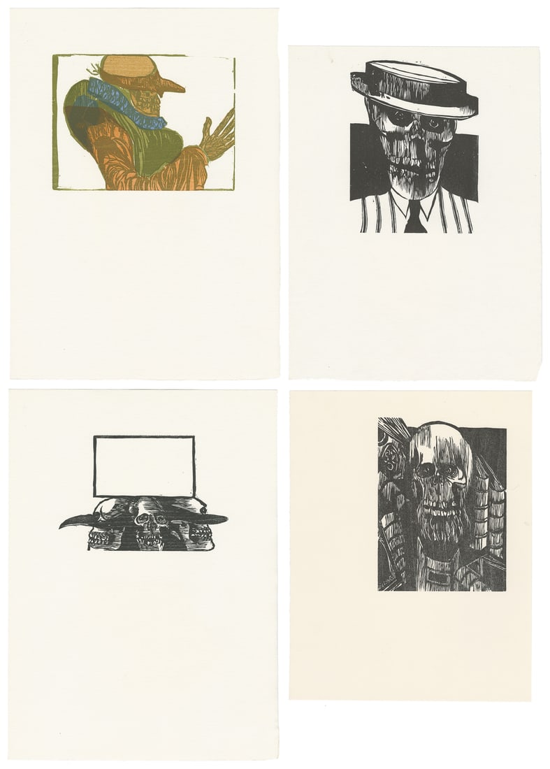 BASKIN, Leonard (American, 1922 - 2000). Four Prints. 20th ...: BASKIN, Leonard (American, 1922 - 2000). Four Prints. 20th Century. Woodblock prints on paper. Unsigned. Four print proofs of skulls and skeletons for books by Leonard Baskin. Baskin was a renowned Am
