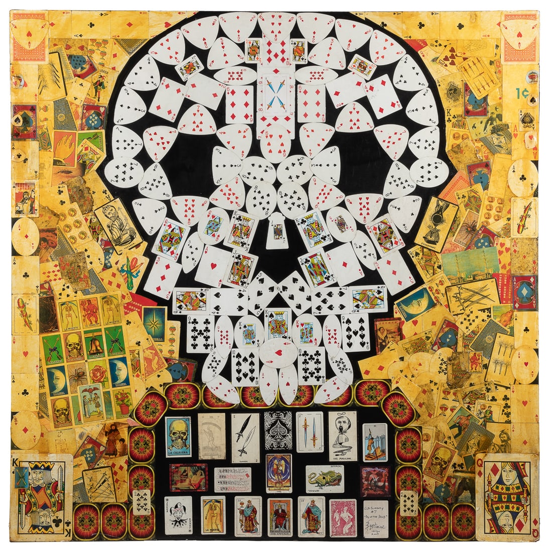GLAZAR, Beau (American, 1970 - 2018). Cartomancy #7, Day of...: GLAZAR, Beau (American, 1970 - 2018). Cartomancy #7, Day of the Dead. 2009. Collaged cards on board. Signed, titled, and dated. Glazar was a lesser-known staple of the Chicago underground metal scene 
