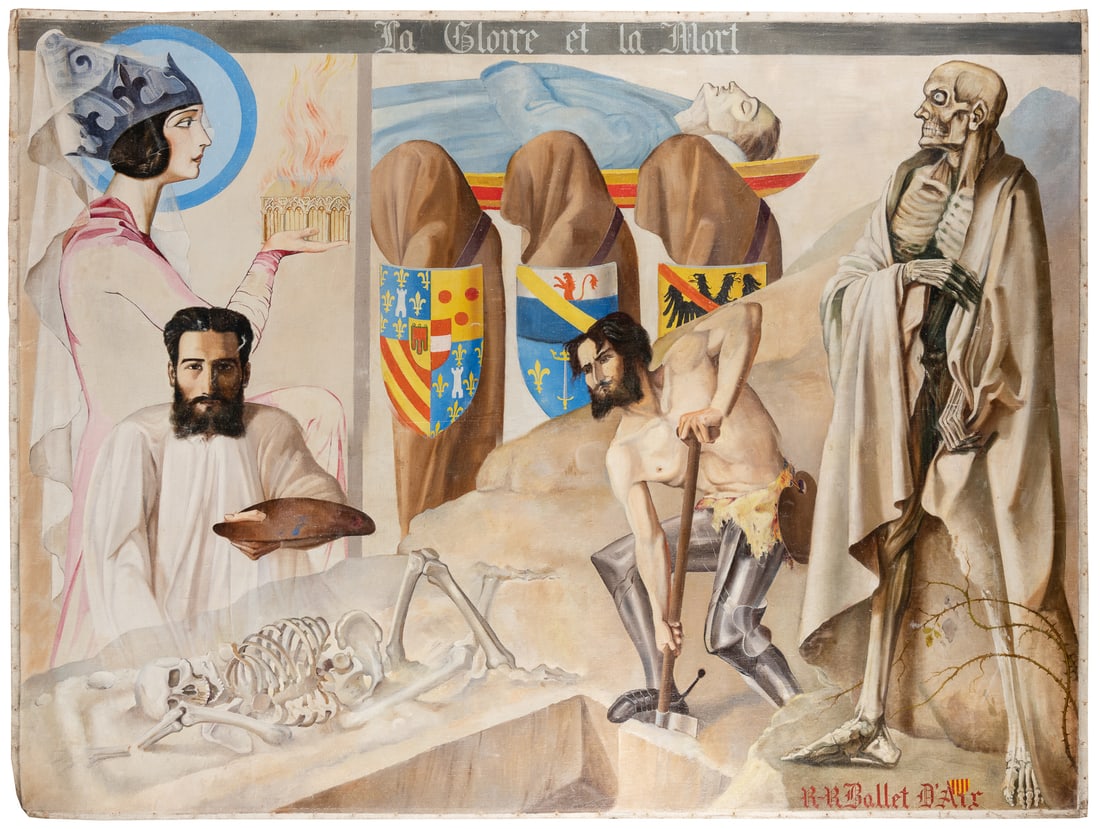 BALLET, Raoul-Roger (A.K.A. Raoul d’Aix) (French, 1904-2004...: BALLET, Raoul-Roger (A.K.A. Raoul d’Aix) (French, 1904-2004) Memento Mori / La Glore et la Mort [Glory and Death]. [Circa 1930s]. Oil on unstretched canvas. One of three large paintings related 