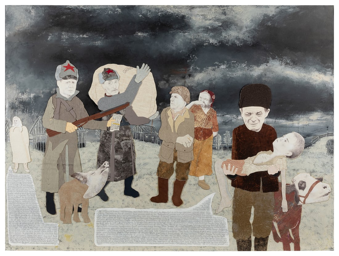 NORTON, Craig (American, b. 1972). Untitled. (Ukraine, Geno...: NORTON, Craig (American, b. 1972). Untitled. (Ukraine, Genocide Series). 2006. Mixed media collage with paint on canvas. Signed and dated lower right and signed verso. Norton is a self-taught artist f
