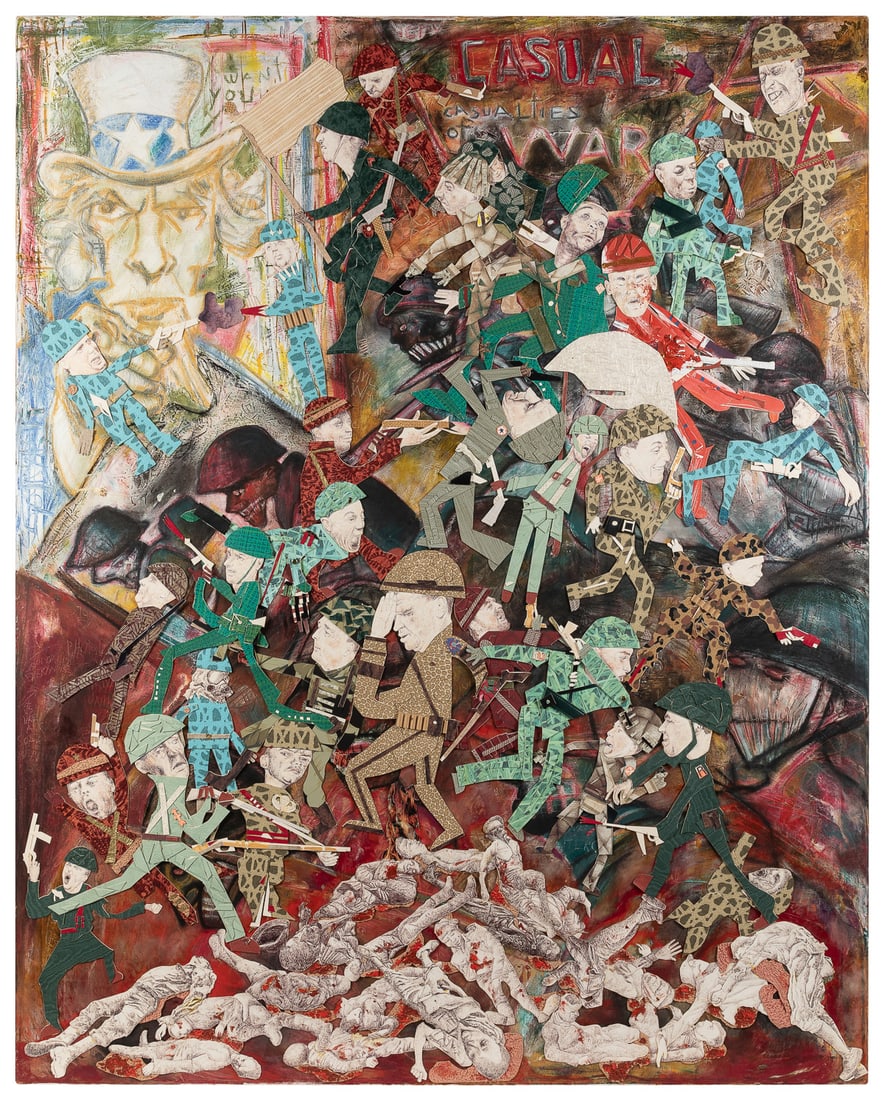 NORTON, Craig (American, b. 1972). Untitled. (Casual Casual...: NORTON, Craig (American, b. 1972). Untitled. (Casual Casualties, Genocide Series). 2006. Mixed media collage with paint on canvas. Signed verso. Norton is a self-taught artist from St. Louis. He utili