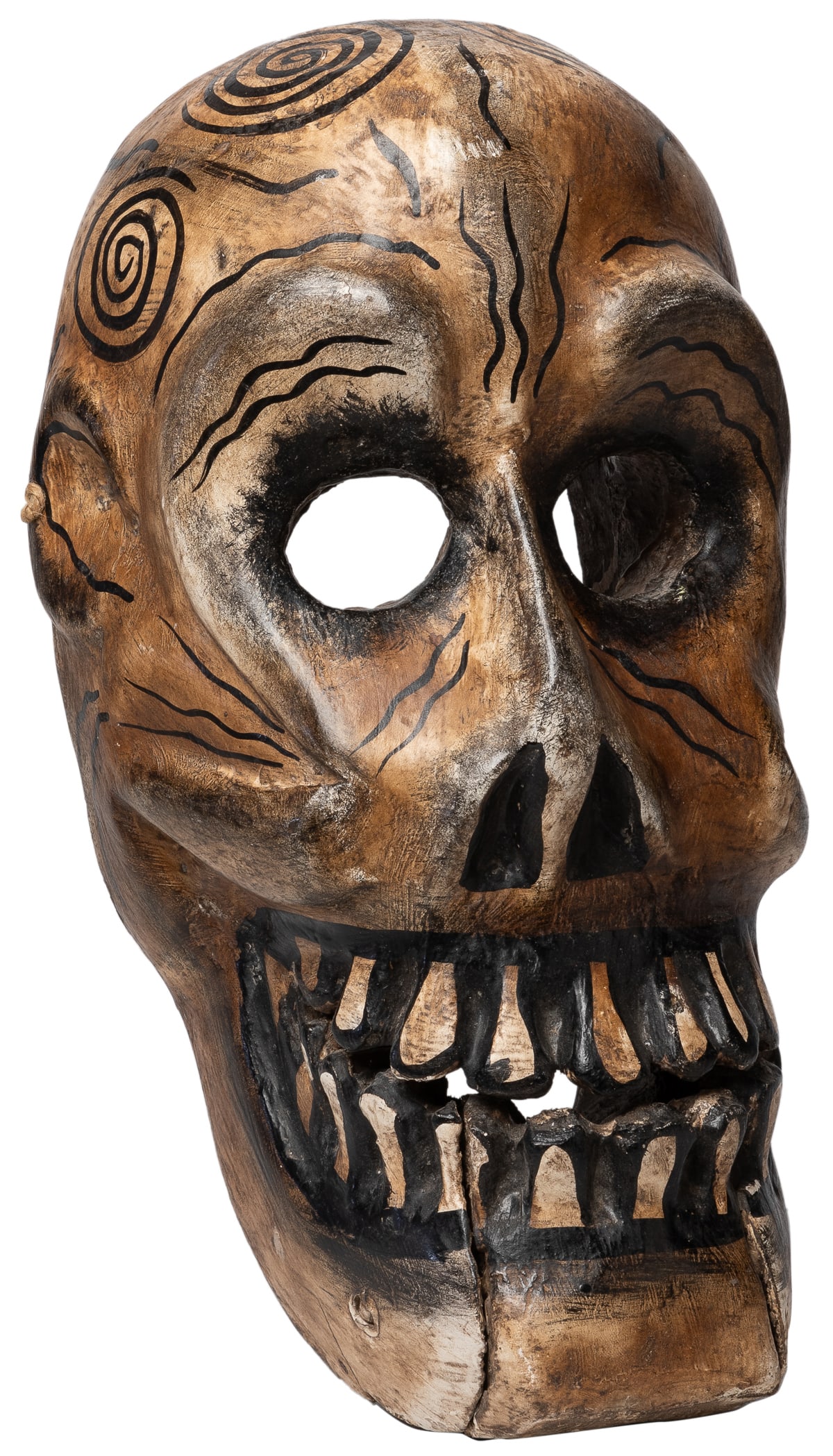 Day of the Dead Wood Skull with Articulated Jaw. (Mexican, ...: Day of the Dead Wood Skull with Articulated Jaw. (Mexican, Circa 1950). Paint and wood. 15 h x 8 ½ w x 7” d. Surface dirt. Unusual patterns and textures inherent.