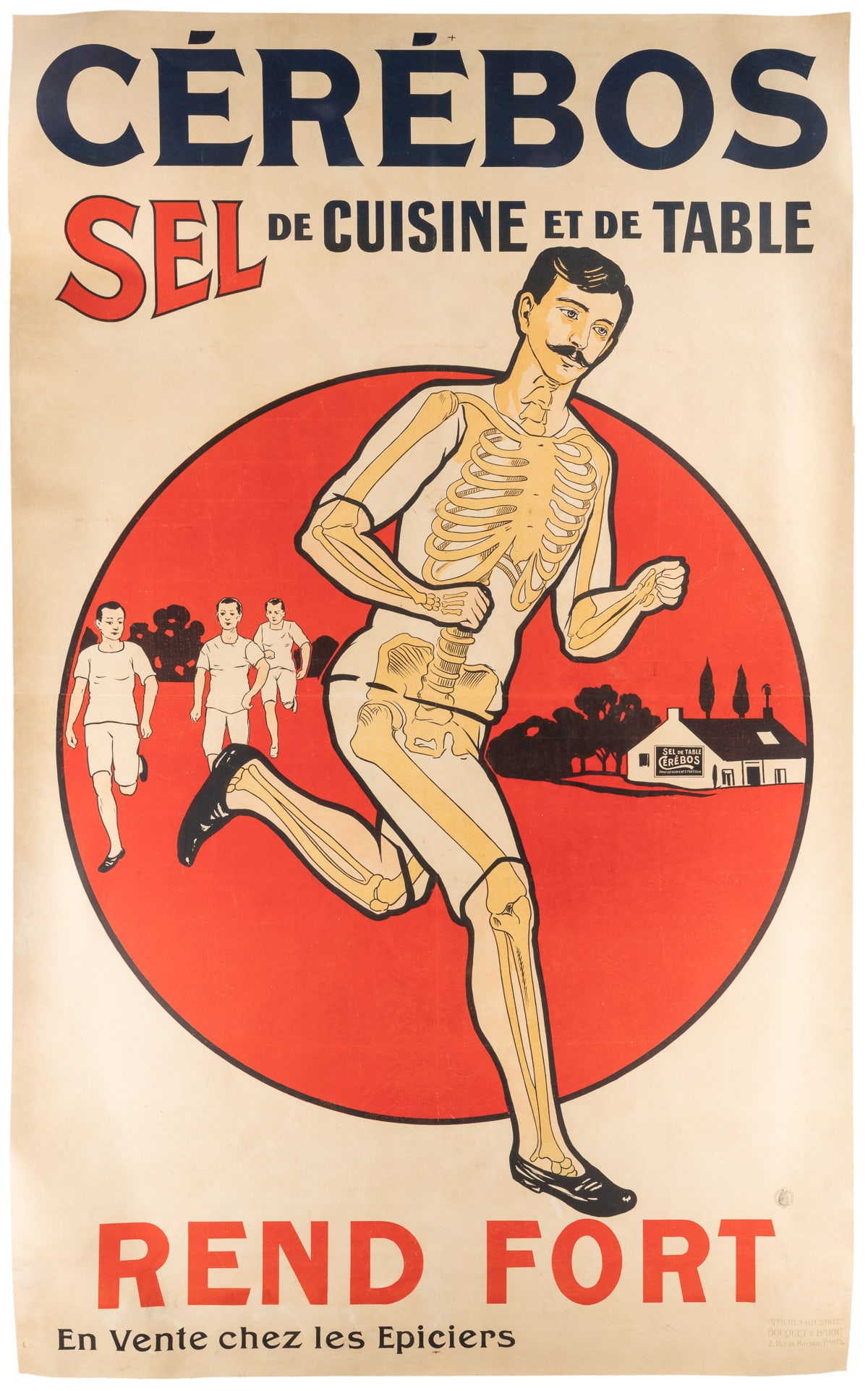 Cerebos Sel de Cuisine Et De Table. [Paris: Bouquet & Barry...: Cerebos Sel de Cuisine Et De Table. [Paris: Bouquet & Barry, ca. 1900]. Large French color lithograph advertisement for the salt brand depicting a runner’s anatomy and skeletal system. Linen bac