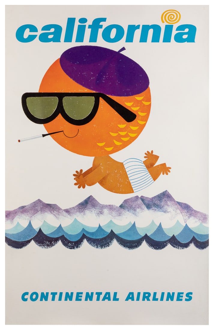 California / Continental Airlines. 1960s. A baby figure who...: California / Continental Airlines. 1960s. A baby figure whose head is an orange hovers over the Pacific Ocean and mountains, representing Hollywood glamor and sunshine. 39 ½ x 25 ¼”. L