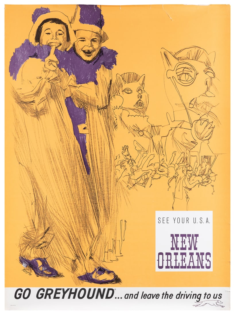 ROTH, G. Go Greyhound / New Orleans. Circa 1950s. Color lit...: ROTH, G. Go Greyhound / New Orleans. Circa 1950s. Color lithograph depicting two clowns standing next to anthropomorphized cats, with purple accents on an orange background. 38 x 28”. Unbacked. 