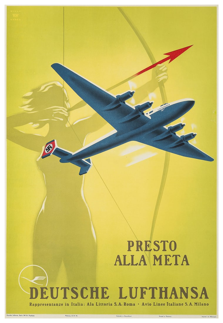 HANKE, Willy. Deutsche Lufthansa / Presto Alla Meta. 1939. ...: HANKE, Willy. Deutsche Lufthansa / Presto Alla Meta. 1939. Printed in Germany. Color lithograph poster advertising Lufthansa, with a female archer behind a four-propeller plane, which is marked on the
