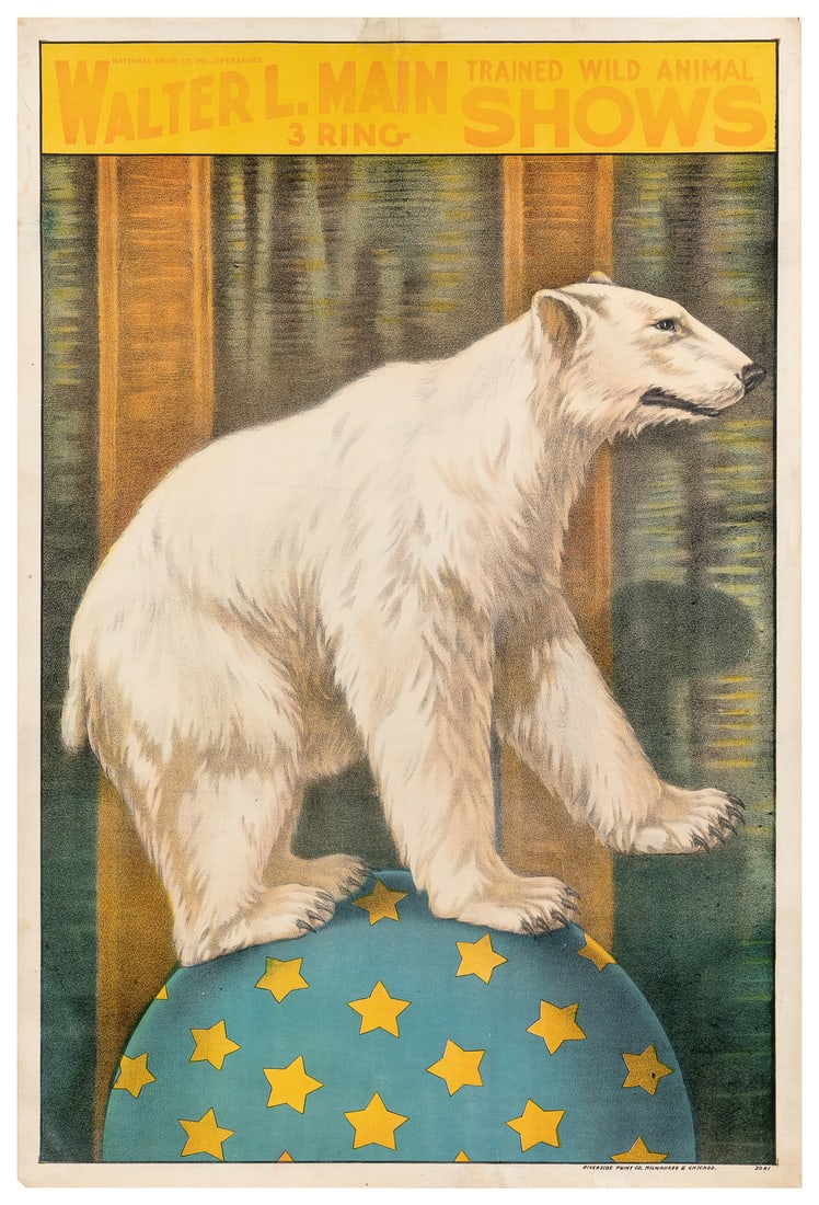 [CIRCUS]. Walter L. Main Trained Wild Animal 3 Ring Circus ...: [CIRCUS]. Walter L. Main Trained Wild Animal 3 Ring Circus / Polar Bear. Circa 1910s. Milwaukee: Riverside Print Company. Color lithograph circus poster depicting a polar bear balancing on a ball. App