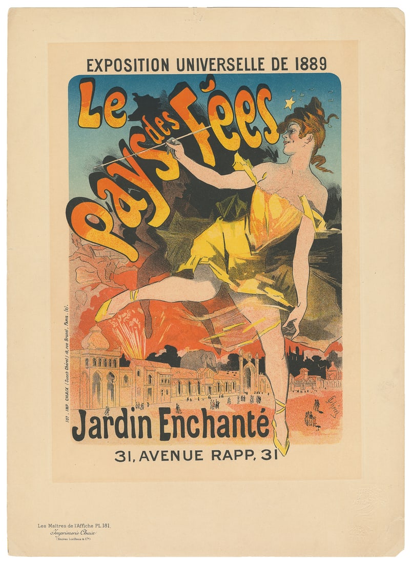 CHERET, Jules (1836-1932). Exposition Universelle de 1889 /...: CHERET, Jules (1836-1932). Exposition Universelle de 1889 / Jardin Enchante. Maîtres de l’Affiche pl. 181. 1898. Lithograph, 15½ x 11 ½”. Chaix, Paris. Condition A, with ful