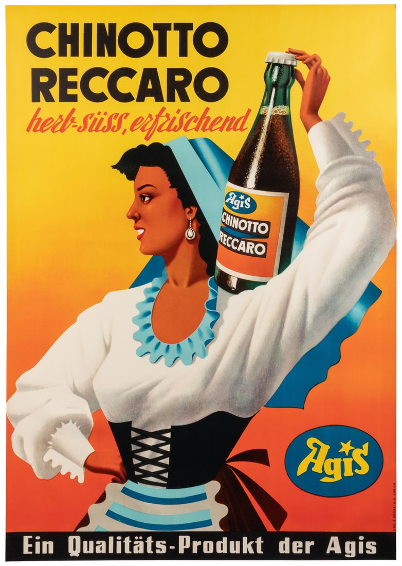 Chinotto Reccaro. Zurich: Hug & Schone A.G., ca. 1940s. Swi...: Chinotto Reccaro. Zurich: Hug & Schone A.G., ca. 1940s. Swiss advertising poster for a soda like beverage. 50 ¼ x 35 ½”. Linen backed. A.