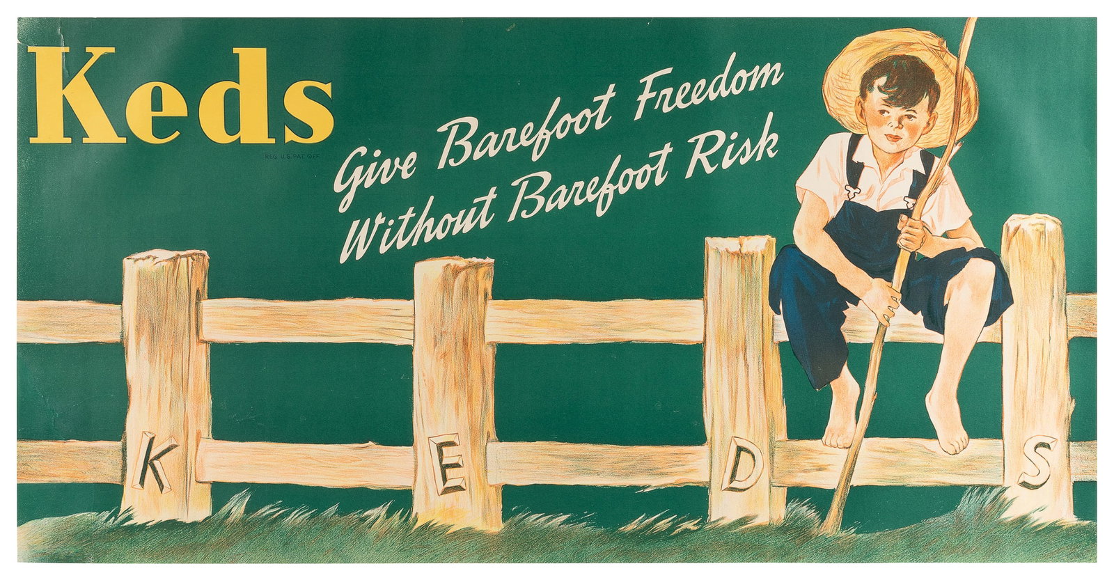 Keds / Give Barefoot Freedom Without Barefoot Risk. Circa 1...: Keds / Give Barefoot Freedom Without Barefoot Risk. Circa 1940s. Color stone lithograph shoe advertisement depicting a barefoot boy in a straw hat sitting on a fence, with each letter of “Keds&#
