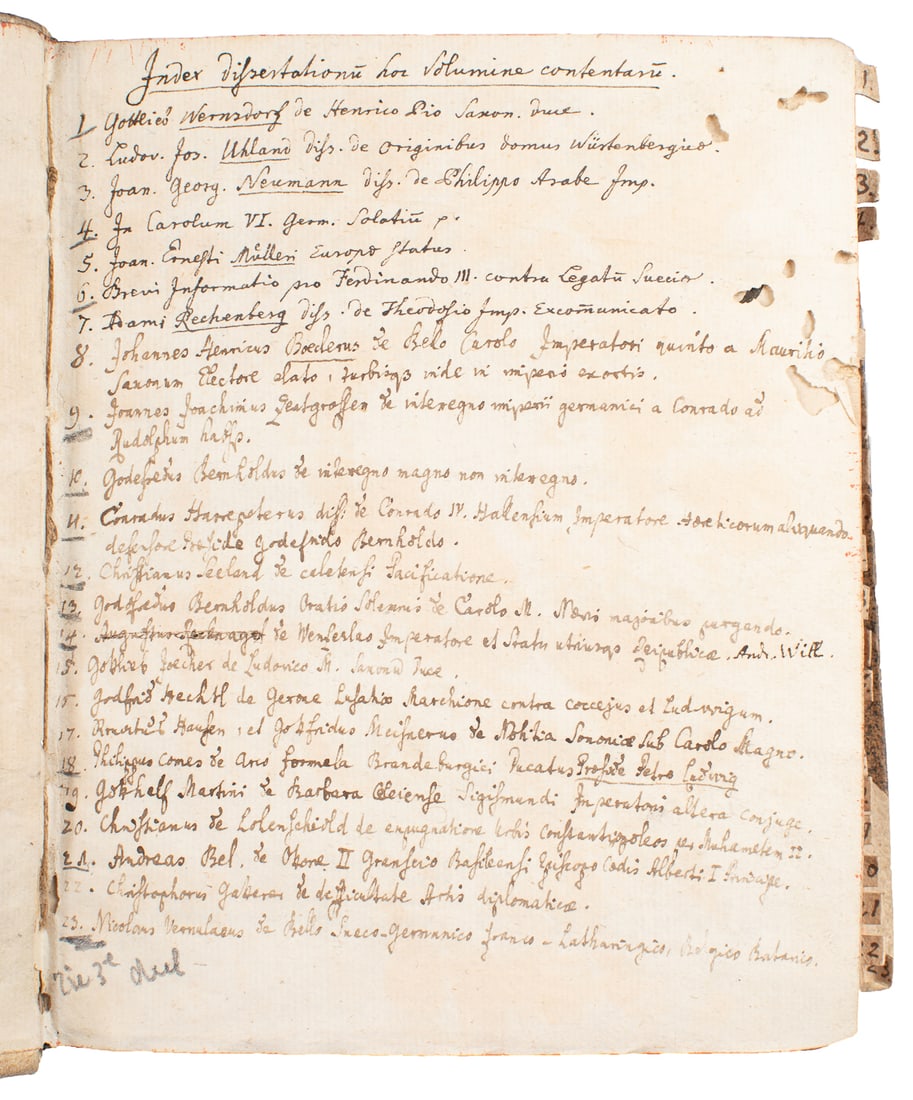 [HISTORICAL DISSERTATIONS]. An 18th Century Sammelband Cont...: [HISTORICAL DISSERTATIONS]. An 18th Century Sammelband Containing 23 18th century historical texts. Germany (Wurttemberg?), ca. 1790s. Thick 12mo. Quarter bound in vellum over marbled boards
