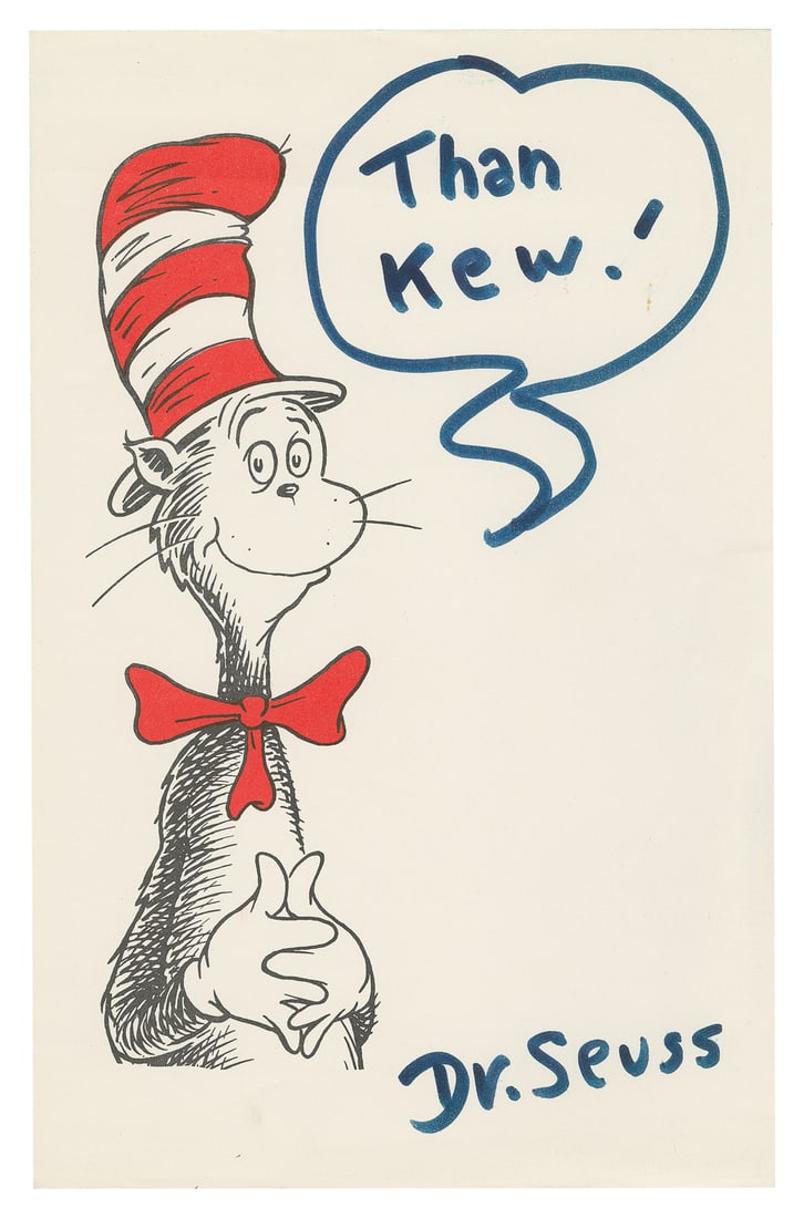 SEUSS, Dr. (pseudonym of GEISEL, Theodore (1904-1991). Insc...: SEUSS, Dr. (pseudonym of GEISEL, Theodore (1904-1991). Inscribed Leaf with Printed Image of The Cat in the Hat. [N.p., n.d.]. White sheet with black and red image of Seuss’ most famous character