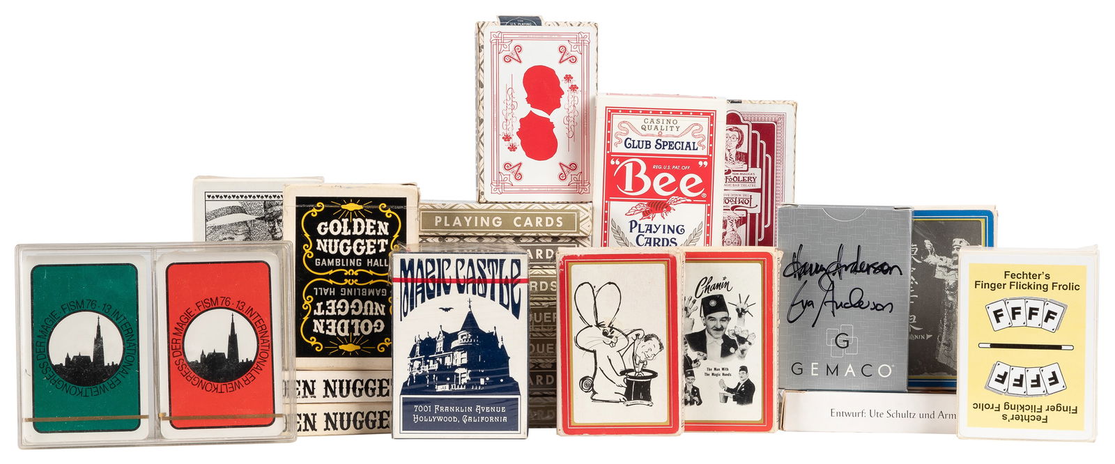 [PLAYING CARDS]. Group of 28 decks of magic and casino play...: [PLAYING CARDS]. Group of 28 decks of magic and casino playing cards. Includes: Golden Nugget (3); Jack Chanin (2 different); Dai Vernon (3); Harry Anderson (2 – one signed); Tom Mullica/Tom Foo