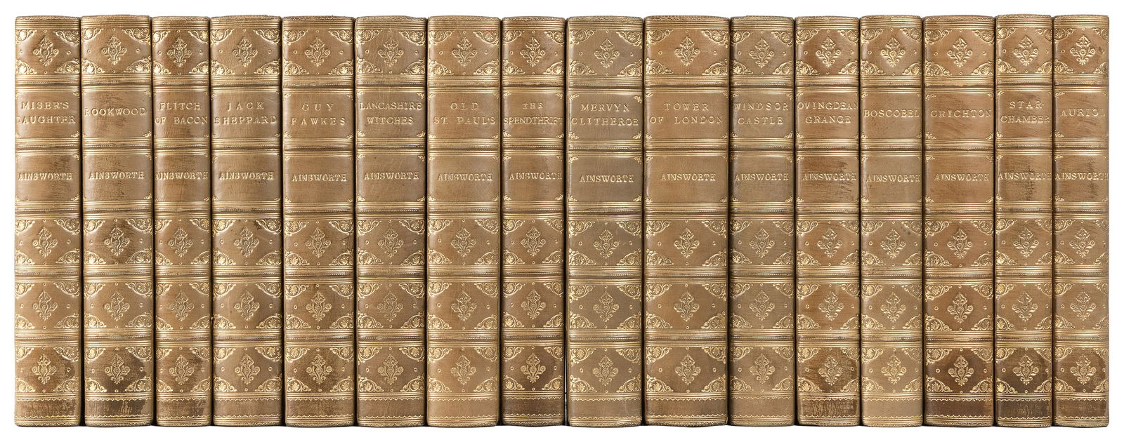 [FINE BINDINGS]. AINSWORTH, William Harrison (1805-1882). T...: [FINE BINDINGS]. AINSWORTH, William Harrison (1805-1882). The Works of William Harrison Ainsworth. London: George Routledge and Sons, Limited, [1880]. 8vos. Illustrated with frontispieces and plates.