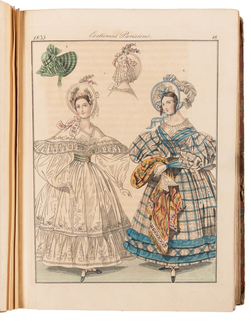 [HAND-COLORED PLATES]. [FASHION]. 78 Bound Hand-Colored Pla...: [HAND-COLORED PLATES]. [FASHION]. 78 Bound Hand-Colored Plates of French Fashion from Costumes Parisienes and Modes de Paris. [Paris:] 1835-36. 8vo. Approximately 8 ? x 5 ½”. Plates on rect