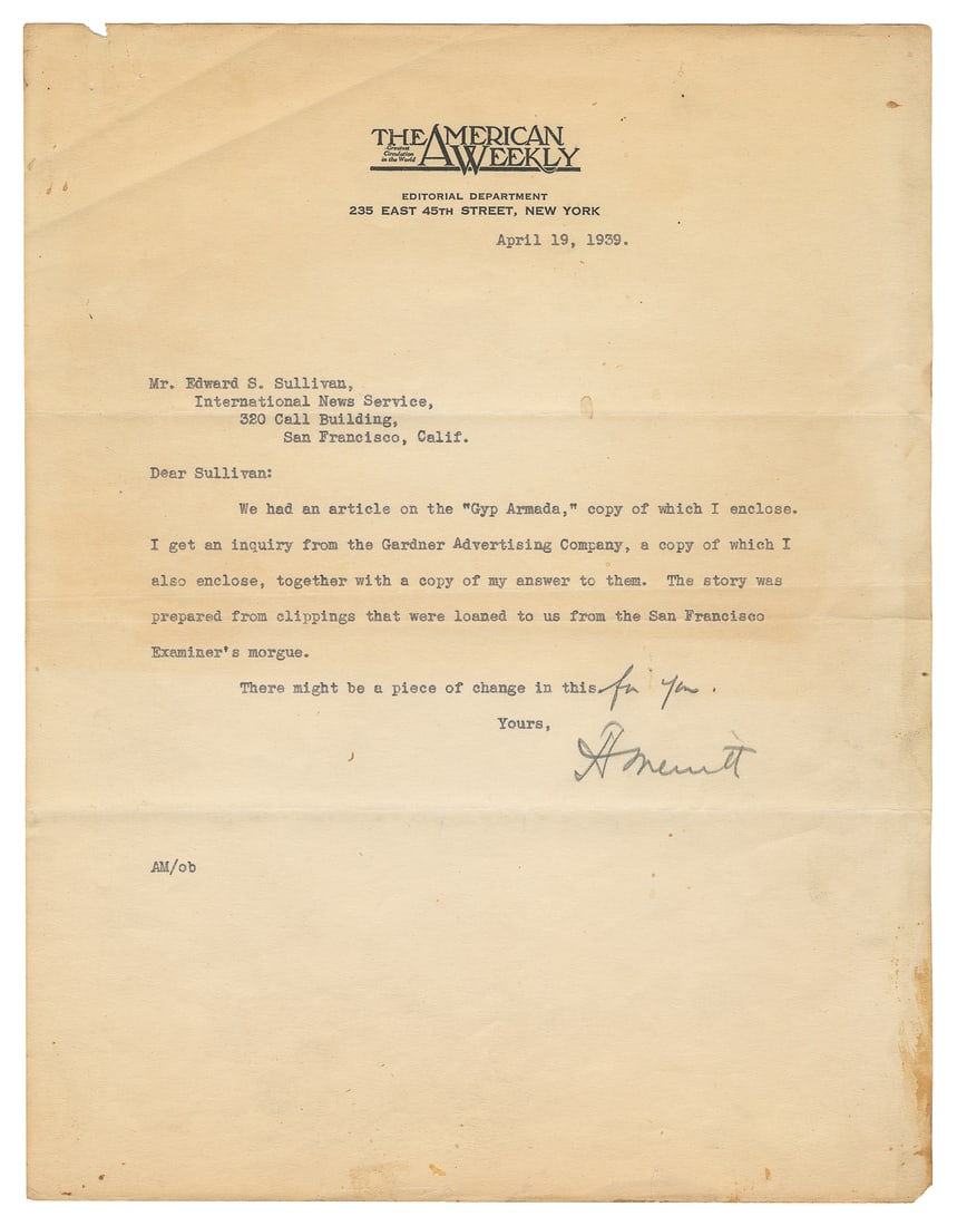 MERRITT, A[braham] (1884-1943). Typed Letter Signed. April ... (1 of 1)