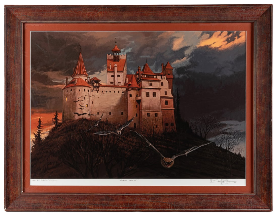 BURR, Dan. “Bran Castle” Color Print from Castles, Old Ston...: BURR, Dan. “Bran Castle” Color Print from Castles, Old Stone Poems by J. Patrick Lewis. 2006. Signed and captioned at bottom; with a presentation by Burr at the lower right corner: “