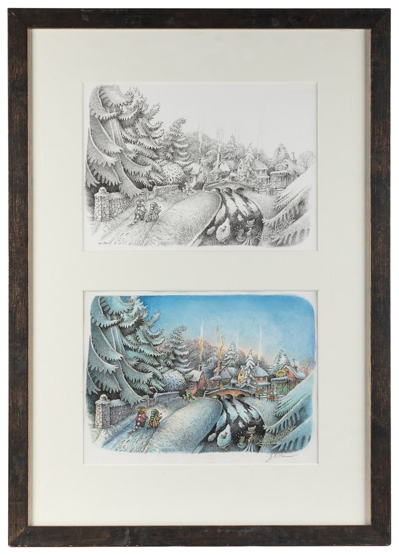 MCPHAIL, David. “Bear going to town in the snow.” A Pair of...: MCPHAIL, David. “Bear going to town in the snow.” A Pair of Black and White and Color Original Drawings from Henry Bear’s Christmas by John O’Connor. [Ca. 2003]. Ink on paper,