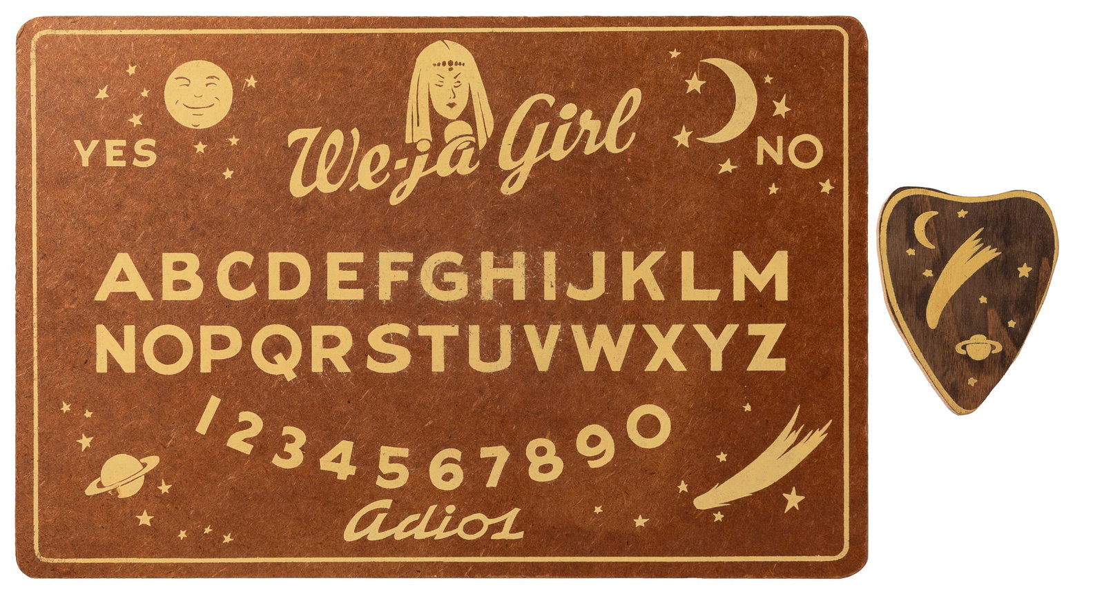We-ja Girl Board. A Barrel of Fun, ca. 1940s. Screenprint o...: We-ja Girl Board. A Barrel of Fun, ca. 1940s. Screenprint on hardboard Ouija board with wooden planchette. Directions printed verso. Full color variant of the board. 11 ¾ x 17 ¾”. Mino