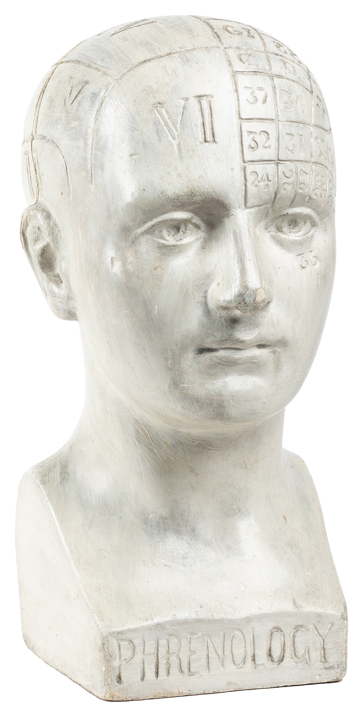 Fowler Phrenology Bust. New York: Fowler & Wells, late 19th...: Fowler Phrenology Bust. New York: Fowler & Wells, late 19th – early 20th century. Plaster phrenology bust. With label verso listing “Names & Groups of Organs”. Height 11”. Peel