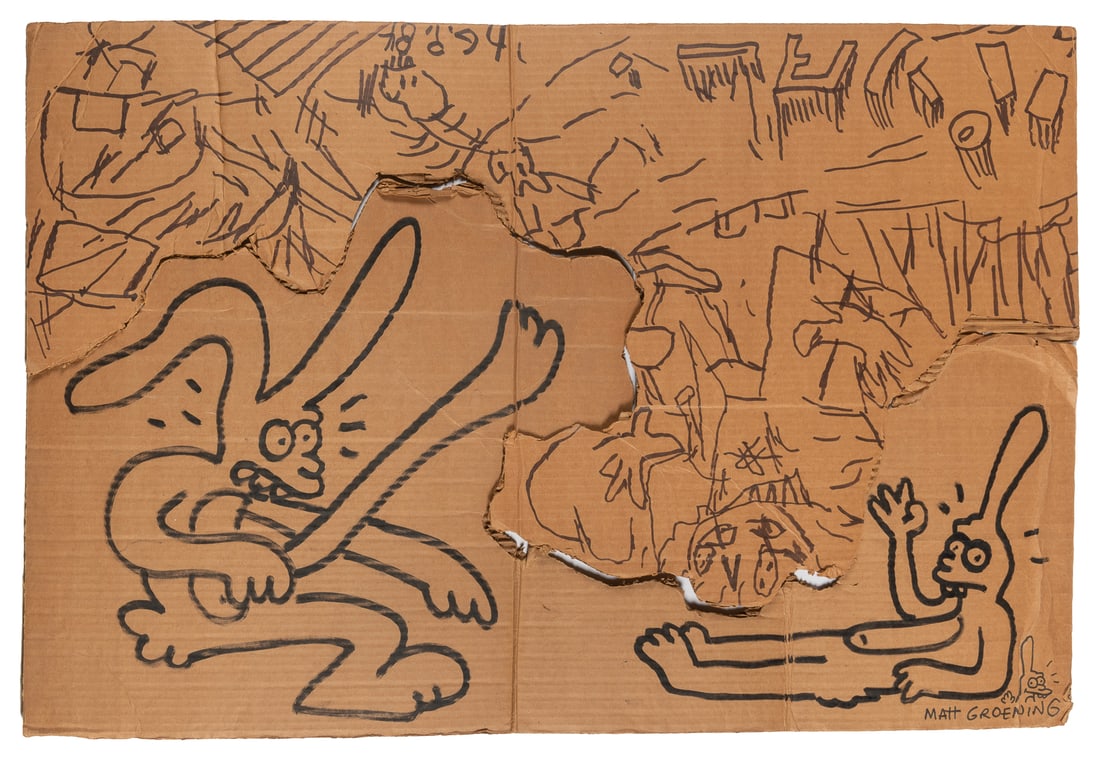 GROENING, Matt (American, b. 1954). PANTER, Gary (American,...: GROENING, Matt (American, b. 1954). PANTER, Gary (American, b. 1950). Untitled Collaboration. 1984. Felt tip marker on cardboard, intentionally torn into two parts. SIGNED by Groening and INITIALED an