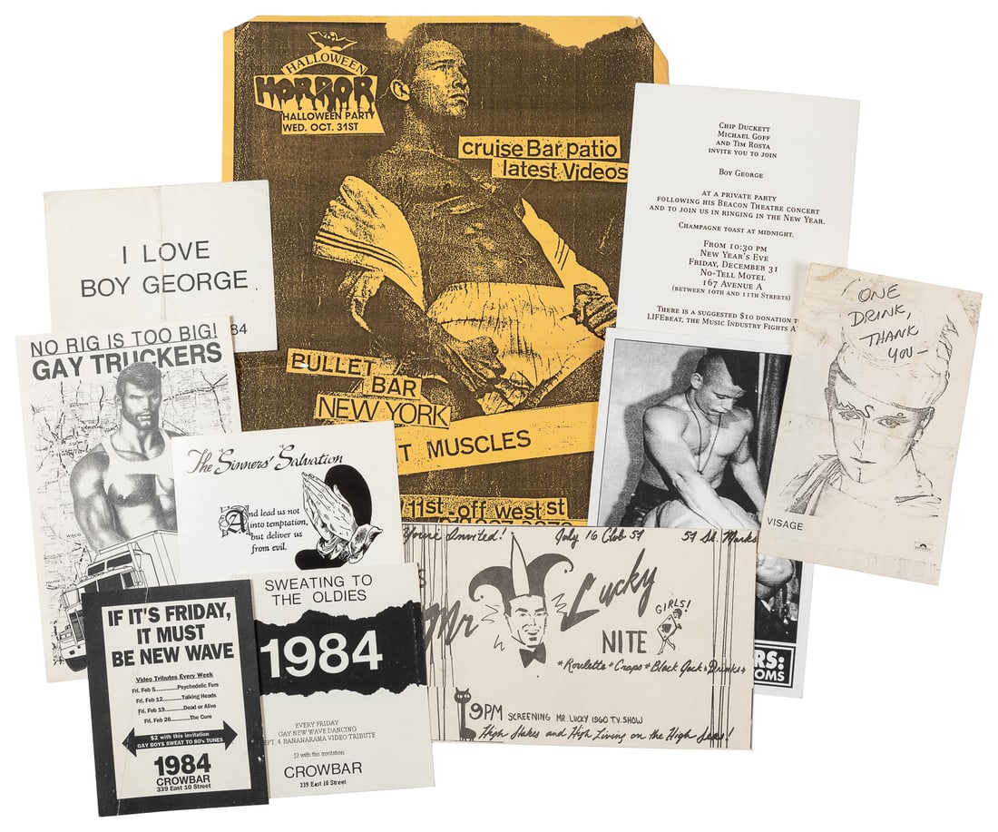 Group of Gay Nightlife Flyers and Handbills. New York, ca. ...: Group of Gay Nightlife Flyers and Handbills. New York, ca. 1980s–1990s. Lot of ephemera related to gay nightlife and bars, including: events at Crowbar in the East Village, ca. 1984. One for a N
