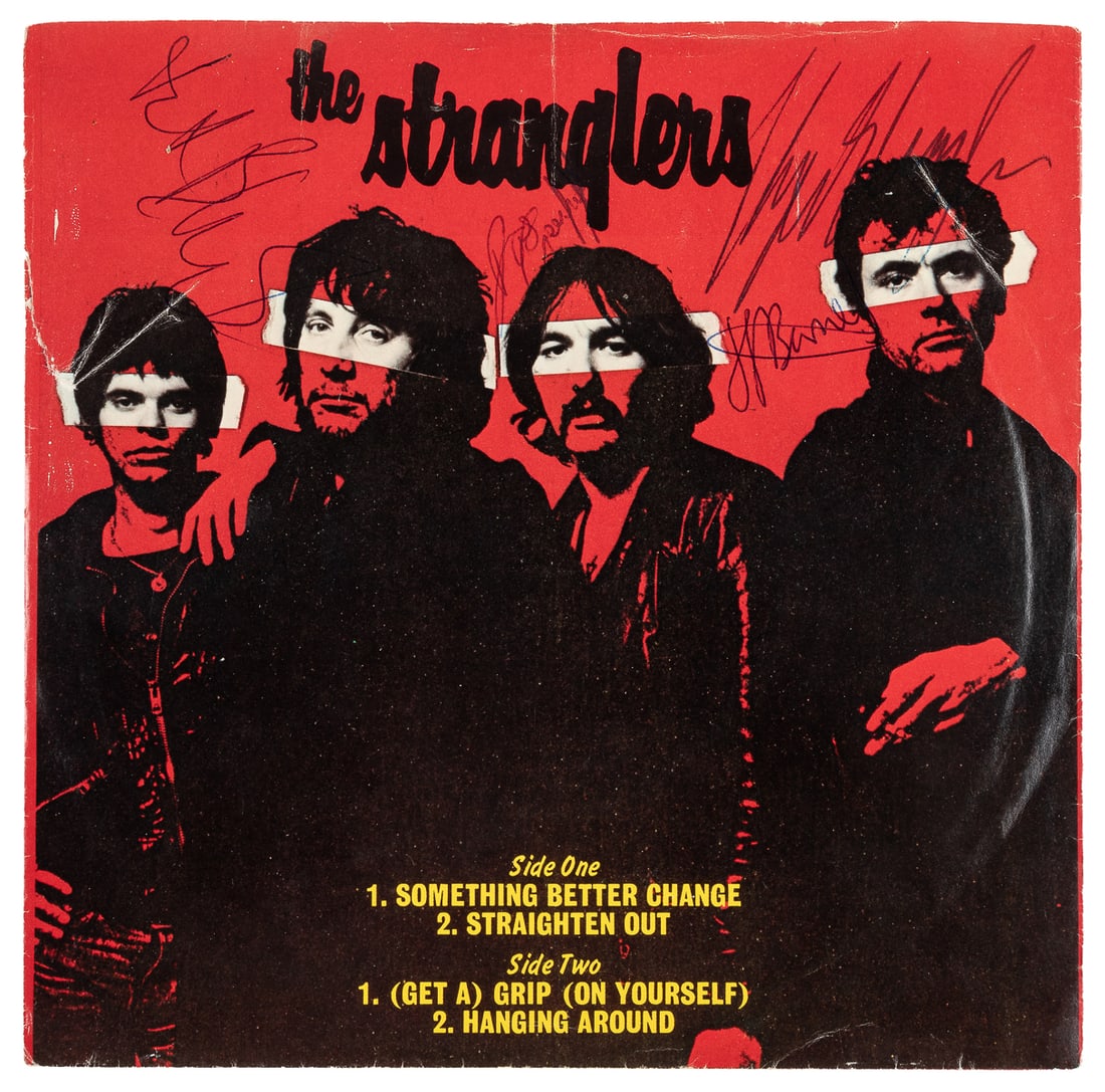 [VINYL RECORD]. THE STRANGLERS. The Stranglers 7” Single (S...: [VINYL RECORD]. THE STRANGLERS. The Stranglers 7” Single (SIGNED). A&M Records, 1977. Sleeve SIGNED by the band, including Brian Duffy, Jean-Jacques Burnel, Hugh Cornwell, and Dave Greefield. Th