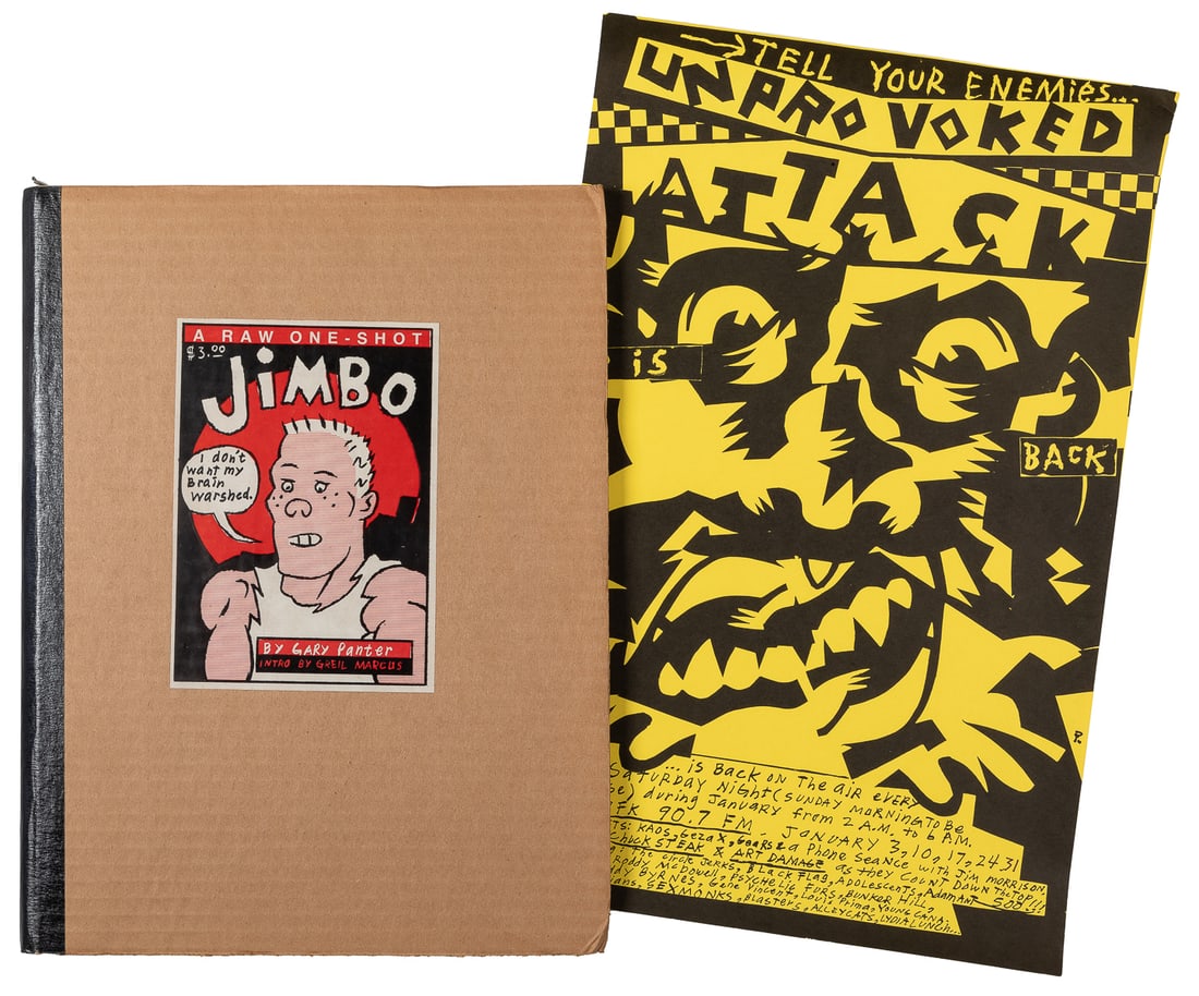 PANTER, Gary (American, b. 1950). Jimbo: A Raw Magazine One...: PANTER, Gary (American, b. 1950). Jimbo: A Raw Magazine One-Shot (Raw Shot #1). New York: Rare Books and Graphics Inc., 1982. Tabloid-sized folio with red and black pictorial wrappers tipped into heav