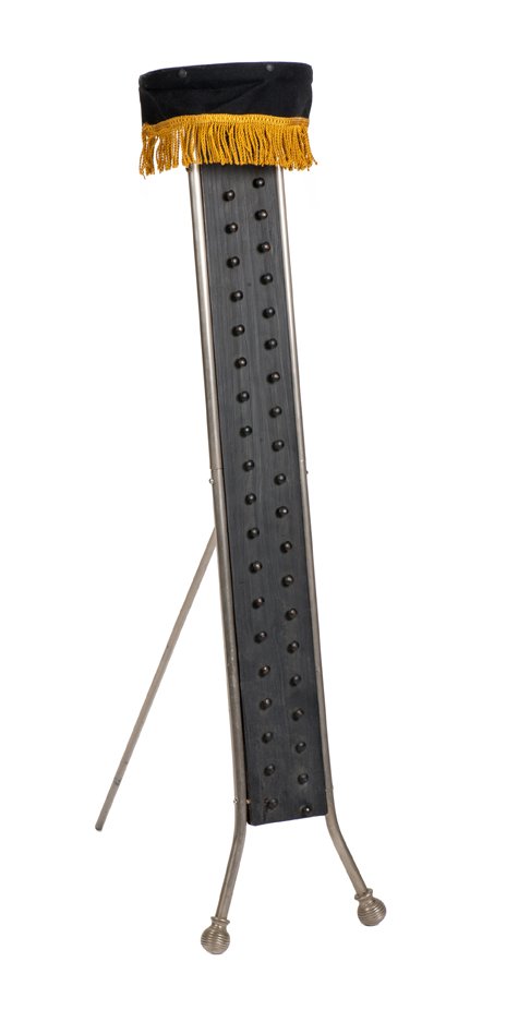Coin Ladder. American, ca. 1920.: Coin Ladder. American, ca. 1920. As the magician catches coins in the air he drops them in to the hat resting on top of this unusual prop. At his command, the coins penetrate the hat and cascade down 