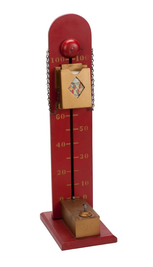 Abbott's Levante’s High Striker.: Levante’s High Striker. Colon Michigan, Abbott’s Magic Novelty Co., ca. 1946. A deck of cards is inserted in a houlette on a bar top-size high striker. When the pivot is activated, the bell rings,