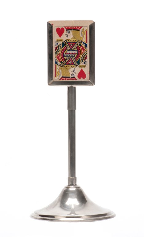 P & L Ultra Rising Cards.: Ultra Rising Cards. New Haven Connecticut, Petrie & Lewis, ca. 1939. Selected cards rise from the pack while it sits isolated in this nickel plated stand. 10 ¾” high. Hallmarked. Light tarnishing t