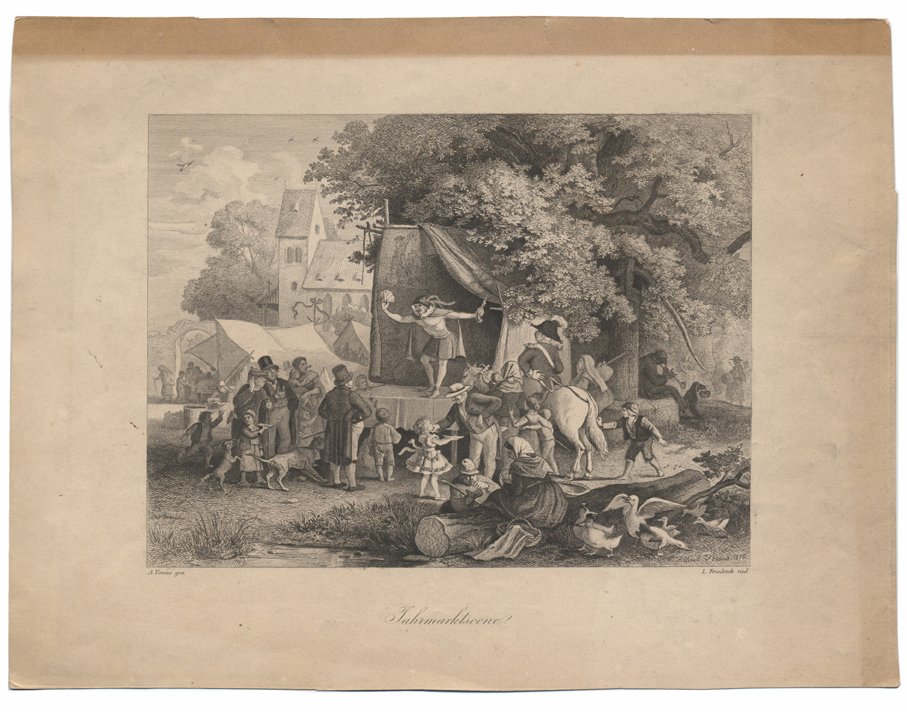 Jahrmarktscene (Fair Scene) magician engraving.: Jahrmarktscene (Fair Scene) engraving. German, 1870. Steel engraving of an image by Albert Venus that depicts an itinerant magician performing with cards on an outdoor stage, on a fairground. 8vo. Top