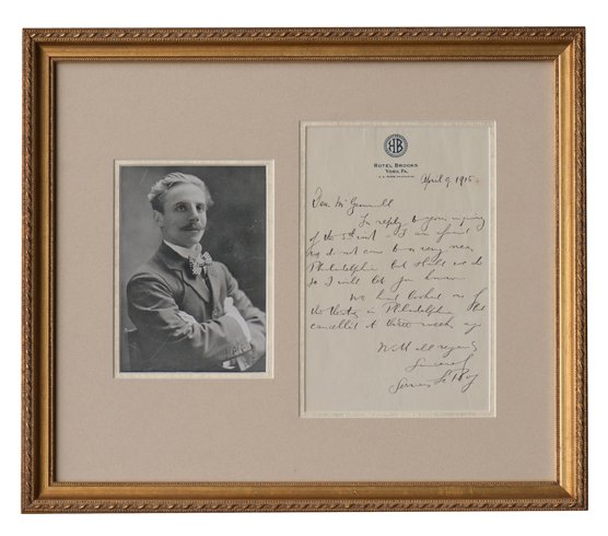 ALS from Servais LeRoy to Paul Fleming.: LeRoy, Servais (Jean Henri Servais LeRoy). ALS from Servais LeRoy to Paul Fleming. On Hotel Brooks stationery, York, PA, and dated April 9, 1915. LeRoy discusses travel plans with Mr. Gemmill (who wou