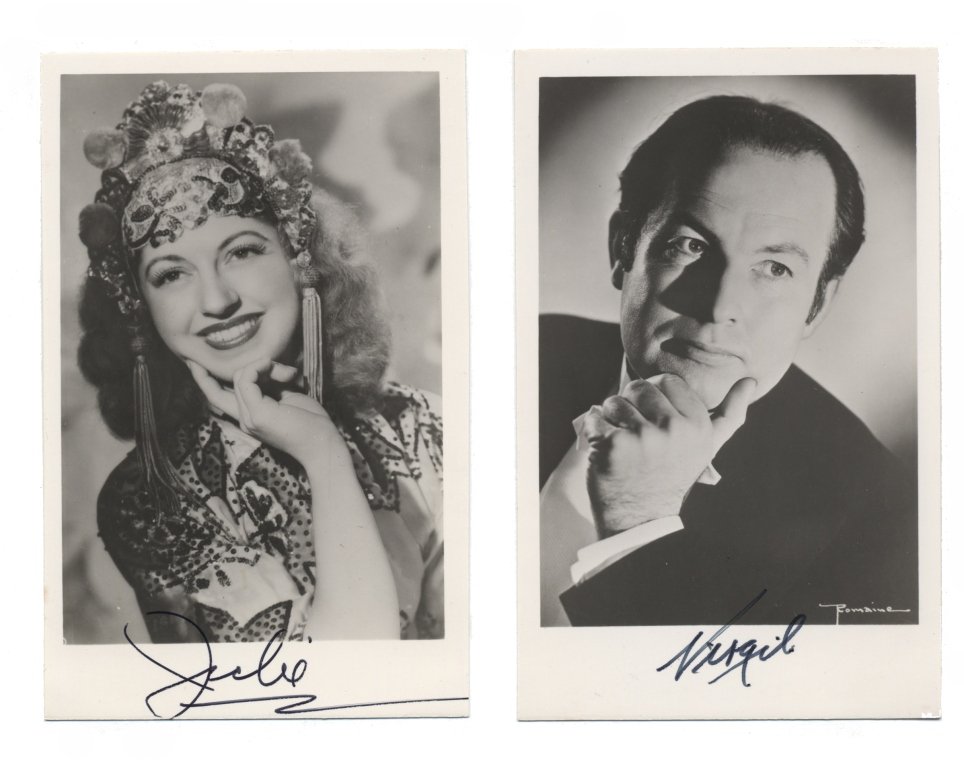 Group of Virgil and Julie magic ephemera.: Virgil (Virgil Harris Mulkey). Group of Virgil and Julie magic ephemera. Ten pieces, including programs, complimentary passes, tickets, newspaper ad mats (four) and two signed real photo postcards (on
