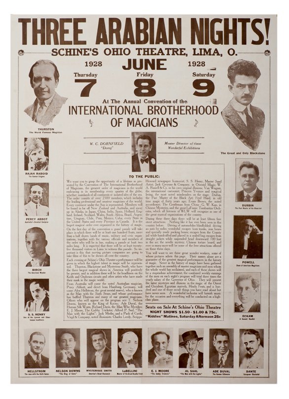 [I.B.M.] Three Arabian Nights! magic poster.: [I.B.M.] Three Arabian Nights! [Kenton, Scioto Sign Co.], 1928. Half-sheet (20 x 28 ½”) one-color offset poster advertising the 1928 International Brotherhood of Magicians convention, which include