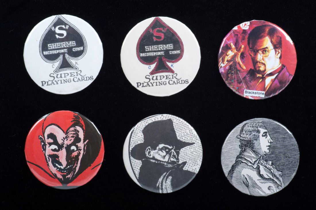 Group of six magic-themed pocket mirrors.: Group of six magic-themed pocket mirrors. American, Chester Karkut, 1980s. Two different Sherms Playing Card mirrors (PM77, one hand-colored), one Blackstone, Jr. (PM03), one Sherms Devil (PM76), one