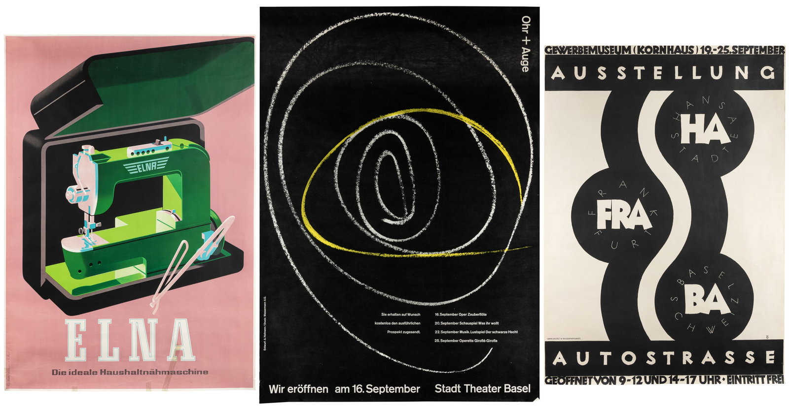 [WASSERMANN]. Group of 3 Swiss posters printed by Wasserman...: [WASSERMANN]. Group of 3 Swiss posters printed by Wassermann. Basel: Wassermann, ca. 1950s-70s. Color posters. 50 x 35”. All unbacked. Some wear, soiling, one poster with tape repair on verso, v