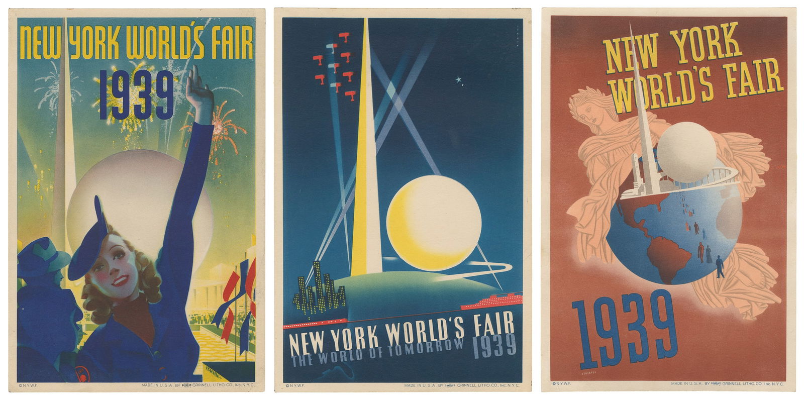 New York World’s Fair 1939. Group of 3 mini-posters. New Yo...: New York World’s Fair 1939. Group of 3 mini-posters. New York: Grinnell Litho. Trio of New York World’s Fair posters, designed by Joseph Binder, Albert Staehle, and John Atherton. All in t