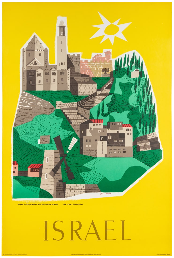 DAVID, Jean (1908 – 1993). Israel. Tel Aviv: E. Lewin-Epste...: DAVID, Jean (1908 – 1993). Israel. Tel Aviv: E. Lewin-Epstein, ca. 1950s. Bright yellow image of the sun shining down on Jerusalem. 38 ¼ x 25 ½”. Linen backed. Scattered small re