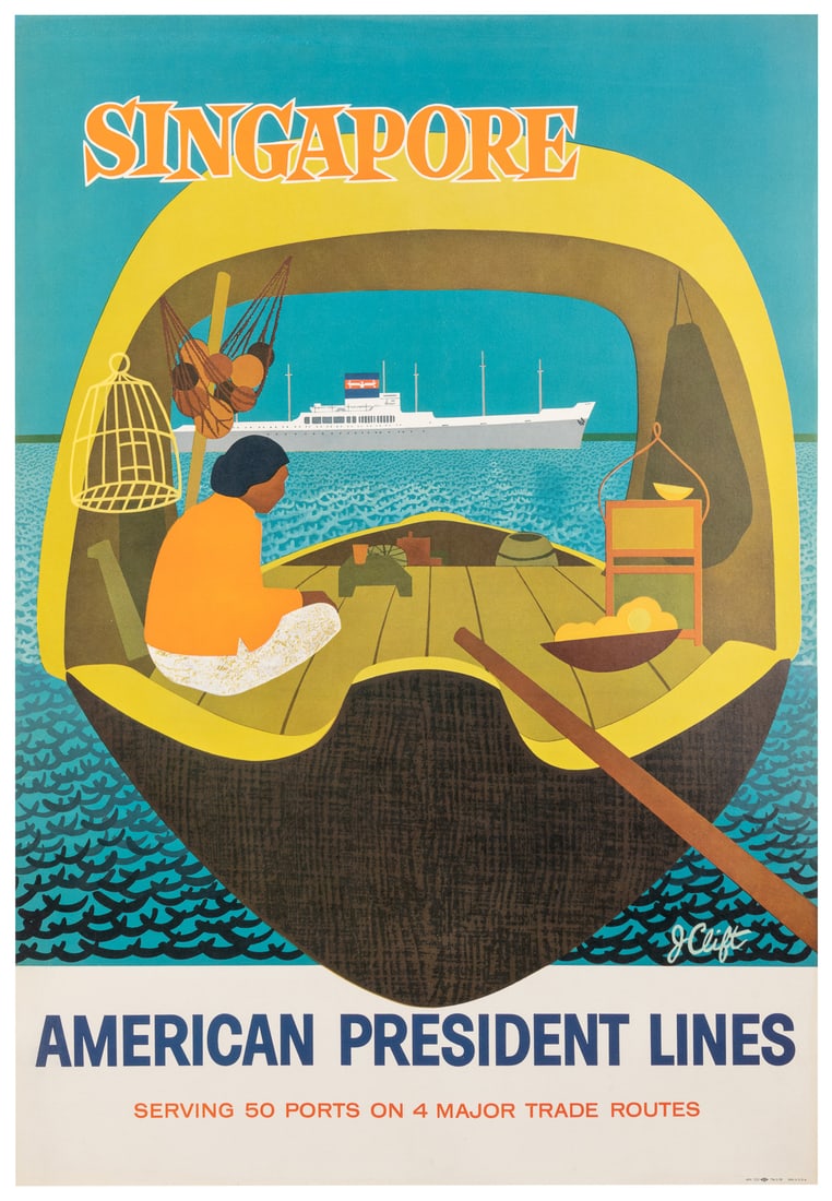 CLIFT, J. Singapore / American President Lines. 1958. Trave...: CLIFT, J. Singapore / American President Lines. 1958. Travel poster advertising cruises to Singapore. 34 x 23 3/8”. Linen backed. Minor repair at top left corner. A-.
