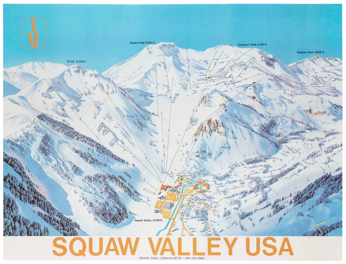 BERANN, Heinrich (1915-1999). Squaw Valley / Winter Olympic...: BERANN, Heinrich (1915-1999). Squaw Valley / Winter Olympics. Circa 1960. Pictorial map poster with a birds-eye view of Squaw Valley, host of the 1960 Winter Games, labeled with ski lift and tramway r