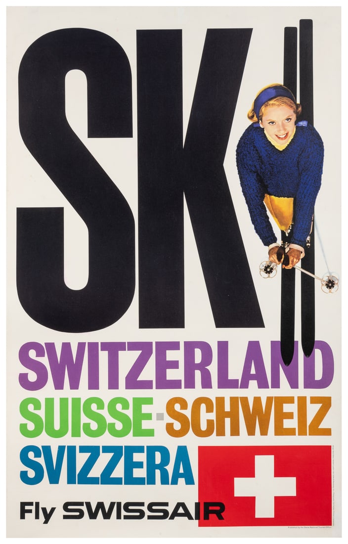 BITTEL, Rene. – LUBALIN, Herbert. Ski Switzerland / Fly Swi...: BITTEL, Rene. – LUBALIN, Herbert. Ski Switzerland / Fly Swissair. 1960s. Photograph by Carl Fischer. Published by the Swiss National Tourist Office. With the Swissair over-print. 40 x 25 ¼&
