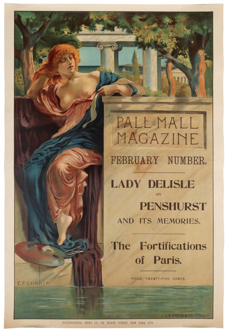 SKINNER, E. F. Pall Mall Magazine. J. S. Virtue & Co., City...: SKINNER, E. F. Pall Mall Magazine. J. S. Virtue & Co., City Road, ca. 1890s. Color stone lithograph poster depicting a red-haired artist’s model at a pool, beside a stone edifice which advertise